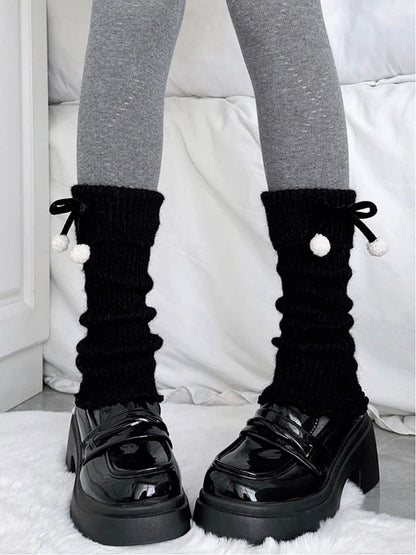 Black Warmers Slouchy Pom-Pom Leg Bow