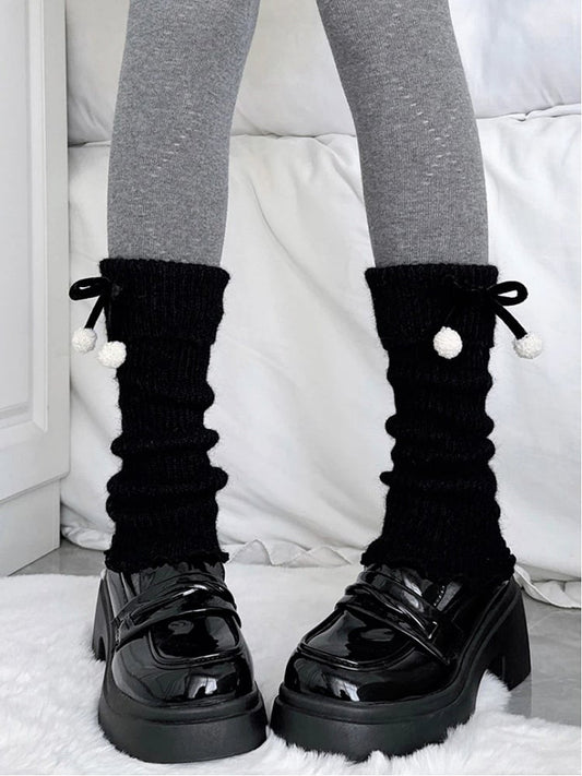 Black Warmers Slouchy Pom-Pom Leg Bow
