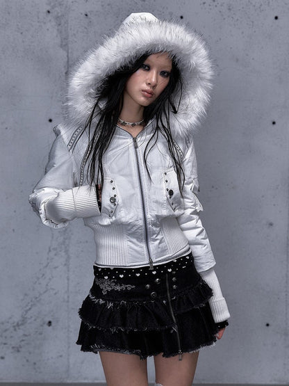 Hoodie Placket Two-Way Wasteland White Knitted Jacket Sleeves with Zip Punk