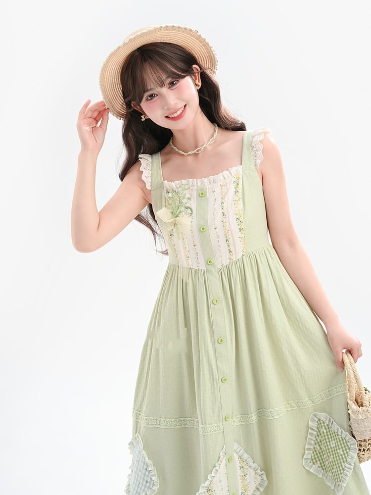 Mori Kei Green Floral Applique Sleeveless Dress