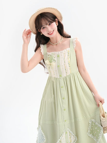Mori Kei Green Floral Applique Sleeveless Dress