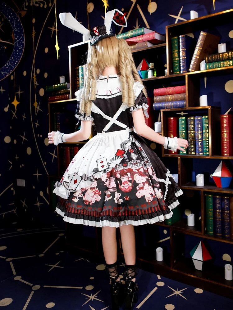 Sweet Lolita Apron Dress OP Full Set with Bunny & Teapot Print in Black and Red - Ying Luo Fu