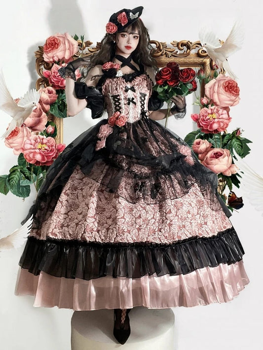 Floral Dark Bow Hime Details Dress Black Hanayome-style Pink Lace and Lolita with Embossed