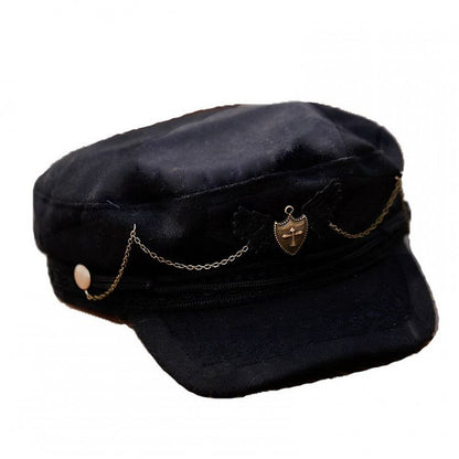 Badge Beret Military Chain Lolita Black