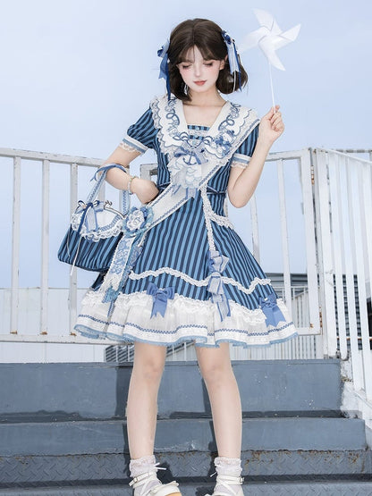 Striped Sailor Lolita Handbag with Lace and Bows - Twin Bear Original Design