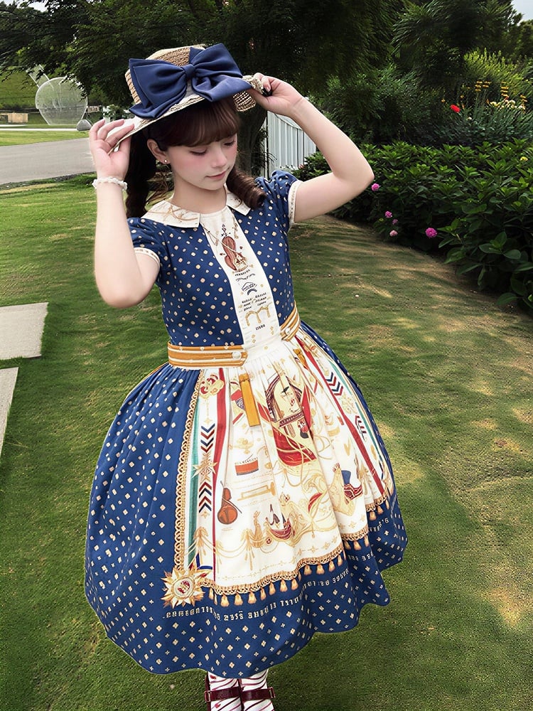 Short Dark Blue Musical Print Peter Pan Collar OP Dress with Tassels - Crucis Universal Tailor Company