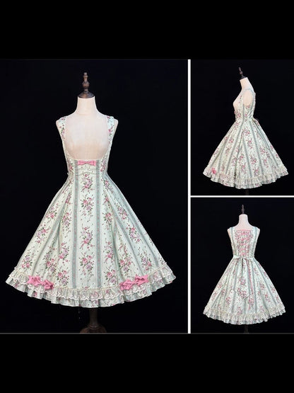 Light Green Floral Print Classic Bustier JSK Dress with Back Lace-Up - Miss Cube Dressworks
