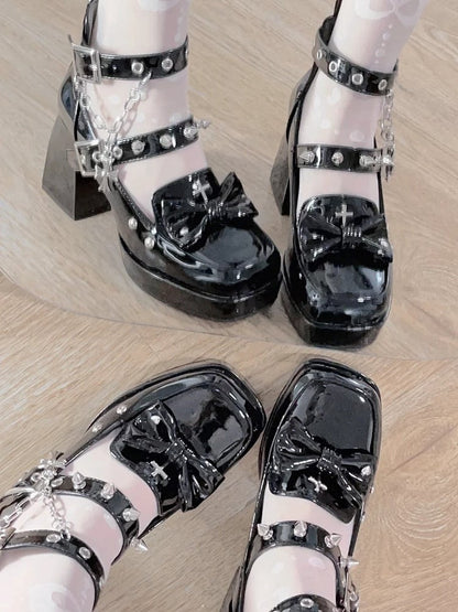 Gothic Polished Black High-heel Mary Janes with Snap Design,  Detachable Cross Charm Chain & Studded Accents