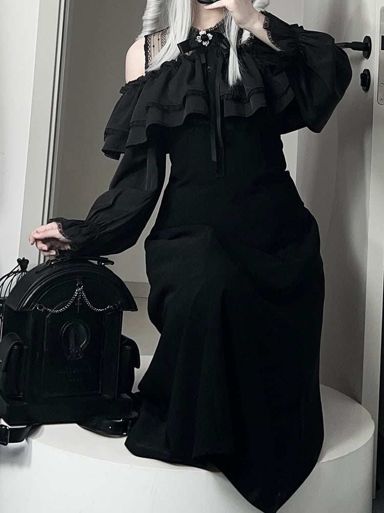 Off-Shoulder Illusion Elegancewith Black Ruffles Ladylike Dress:Dark Kei Tiered Jirai