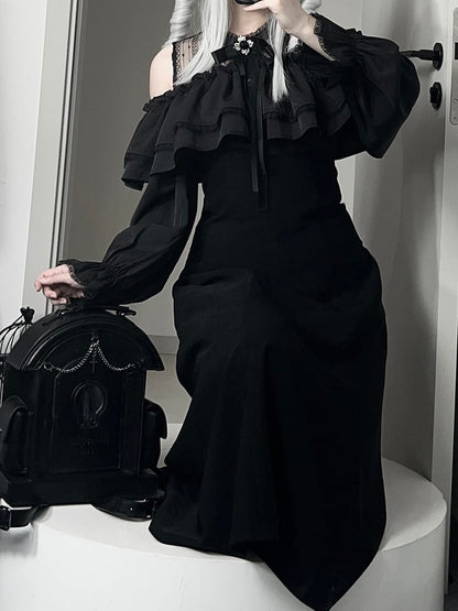 Off-Shoulder Illusion Elegancewith Black Ruffles Ladylike Dress:Dark Kei Tiered Jirai