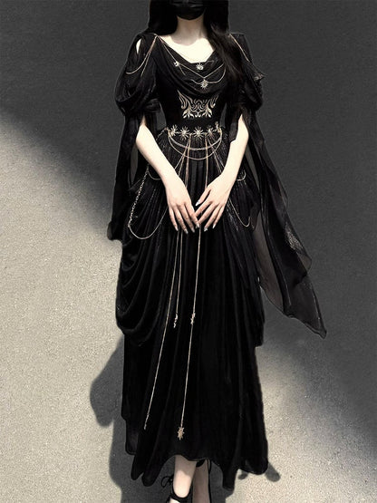 Embroidery Flowing and Sleeves Dress Black Golden Lolita Greek-inspired Chain Accents with