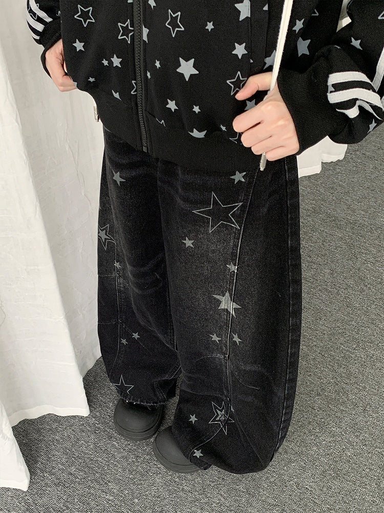 Pattern Jeans Star Wide-leg Distressed with Y2K Design Black