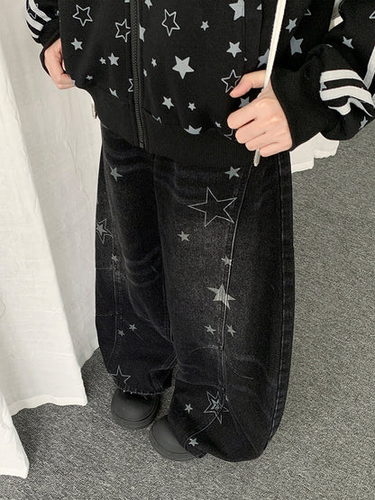 Pattern Jeans Star Wide-leg Distressed with Y2K Design Black