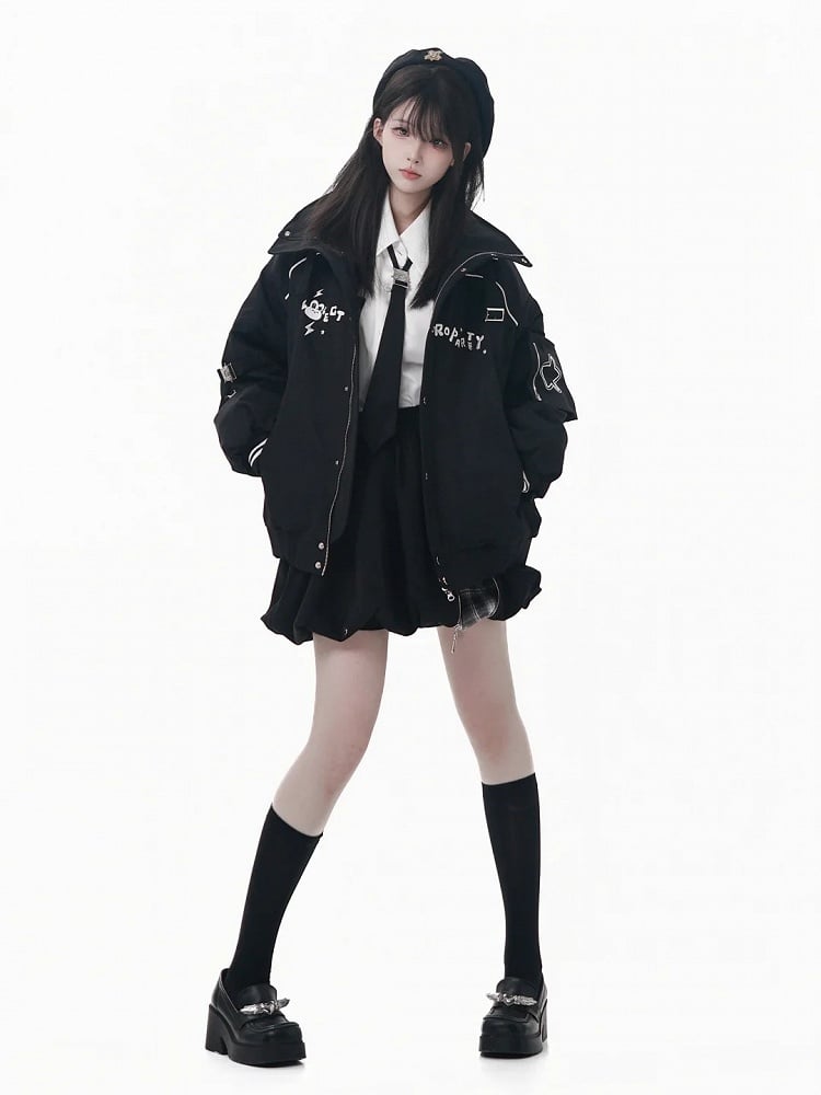 Strap Bubble Skirt Buckle Patchwork Design Plaid Mini Black with Zipper
