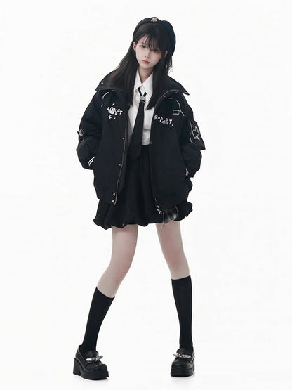 Strap Bubble Skirt Buckle Patchwork Design Plaid Mini Black with Zipper