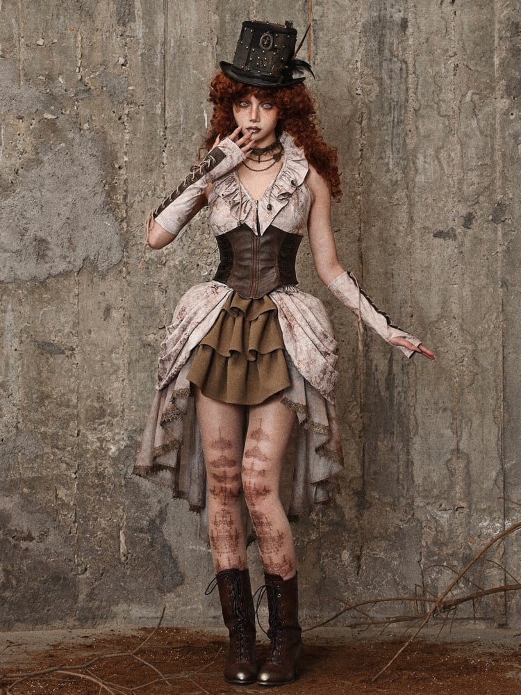 ブラウンのコルセットウエスト、フラウンスネックライン、ノースリーブトップス