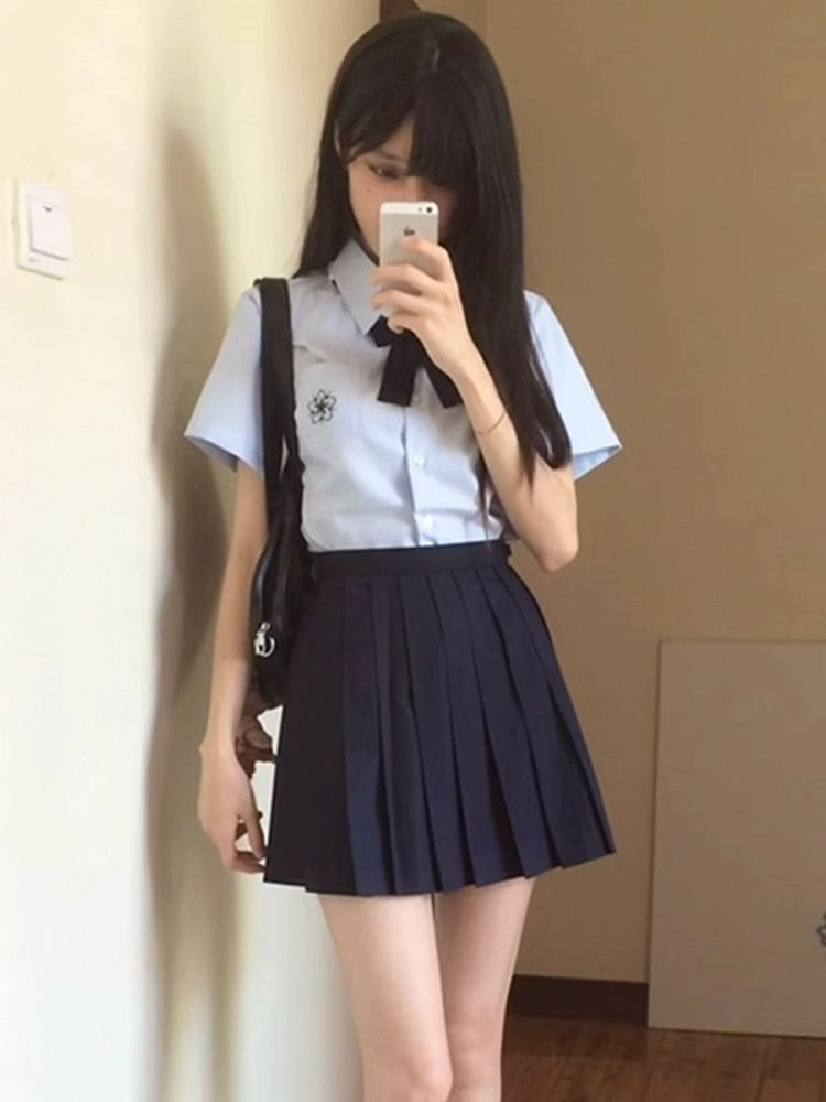 Preppy Sakura Shirt Embroidery Style White/Gray/Blue