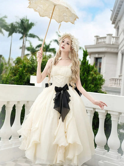 ロリータセット ロング フルドレス スカート バージョン ウエスト クラシック フリル カスケード ボーン ベージュ バスク