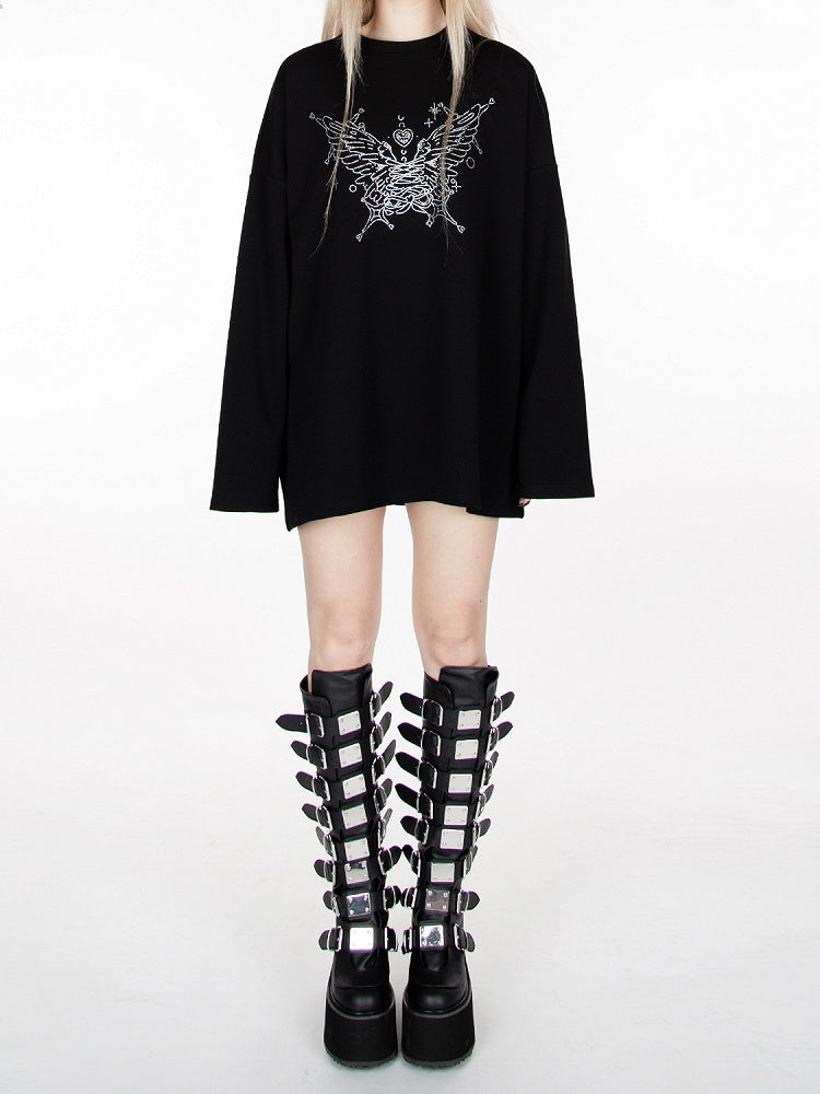 ブラックラインストーンバタフライルーズスウェットシャツ