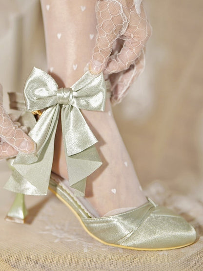 Toe Elegant Satin Heart Buckle Green High-heel with Delicate Bow in Shoes Pointed Light