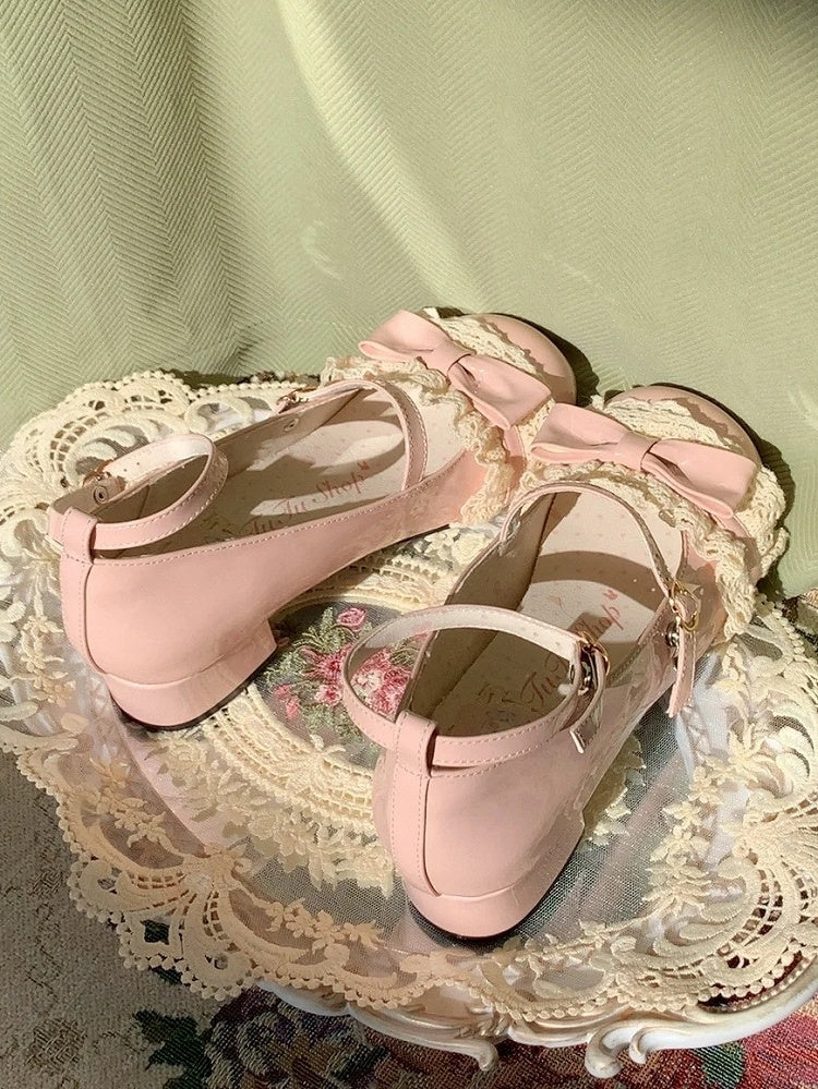 Round Trim Bow Lace Sweet Top Low Heels Pink at Toe with