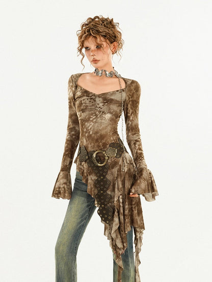 with Top Vintage Tie-Dye Tulle and Bell Hem Coffee Asymmetrical Sleeves