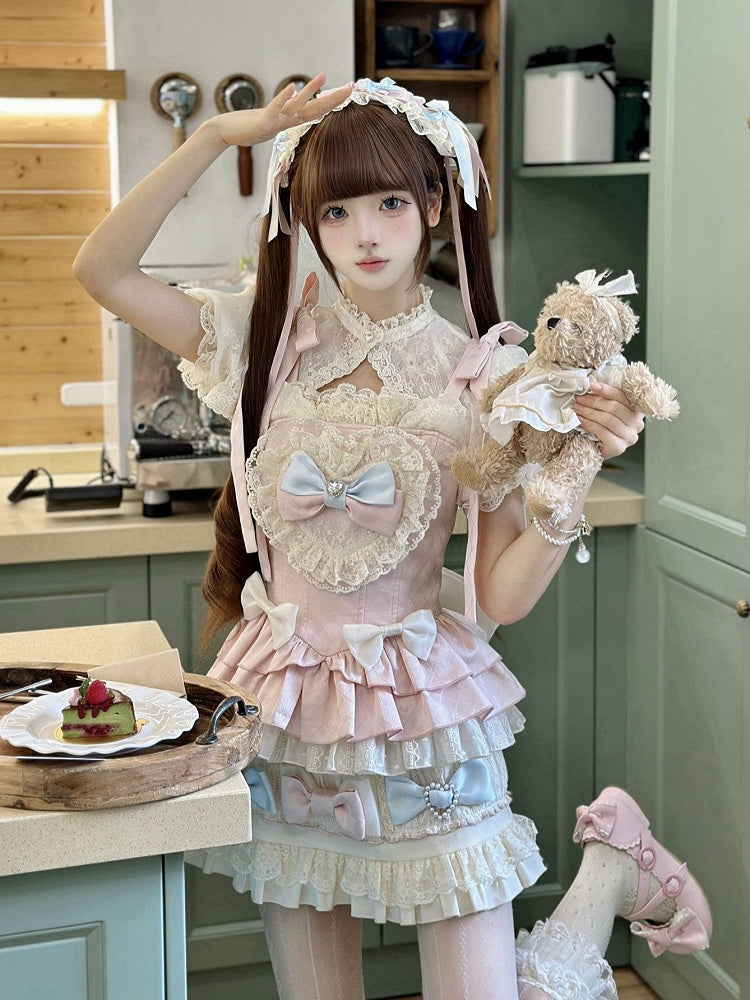 Rock Lolita + Akzente Puff Pink Volle Ärmel und Set Cami Sweet - Top Cropped Bow Blue