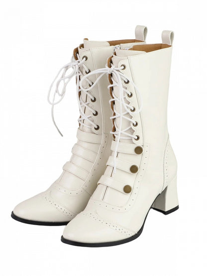 Beige Retro Lolita Boots Lace Up Buckle Accents Fall Style - MODO