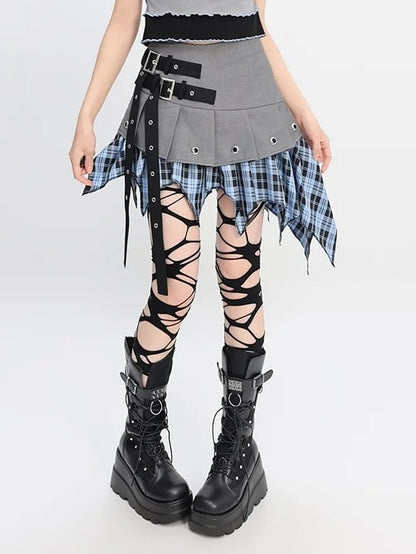 Blau karierter Taschentuchsaum Graue Schnalle Y2K Trägerrock