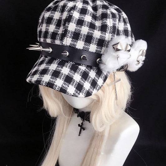 Studs Plaid Bone Beret Hat Design Plush Black White