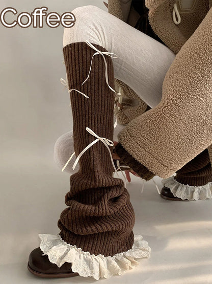 Colors) Ribbed Leg Lace Bow (4 Knit Warmers Trim