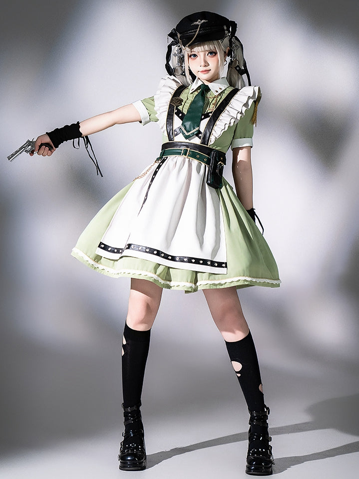 Flatter-Militär und Set, kurze Schürze, grünes Kleid, volle Dienstmädchen-Hülsen, leichte Lolita-Ärmel
