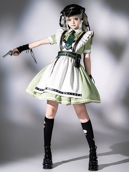 Flatter-Militär und Set, kurze Schürze, grünes Kleid, volle Dienstmädchen-Hülsen, leichte Lolita-Ärmel