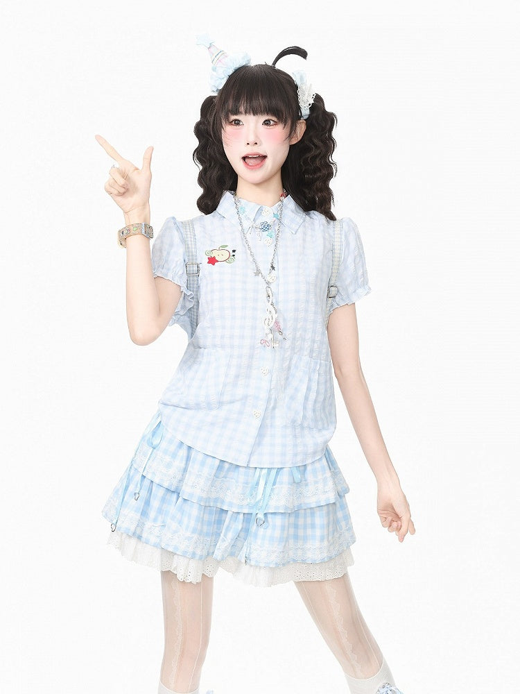 Blue Gingham Puff Sleeve Blouse with Apple Motif - Languid Park