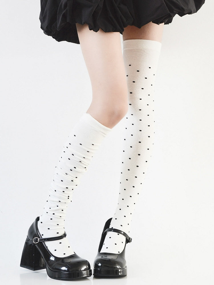 Retro Stockings Over knee Sliming Pattern Black/White/Gray Polka-dot