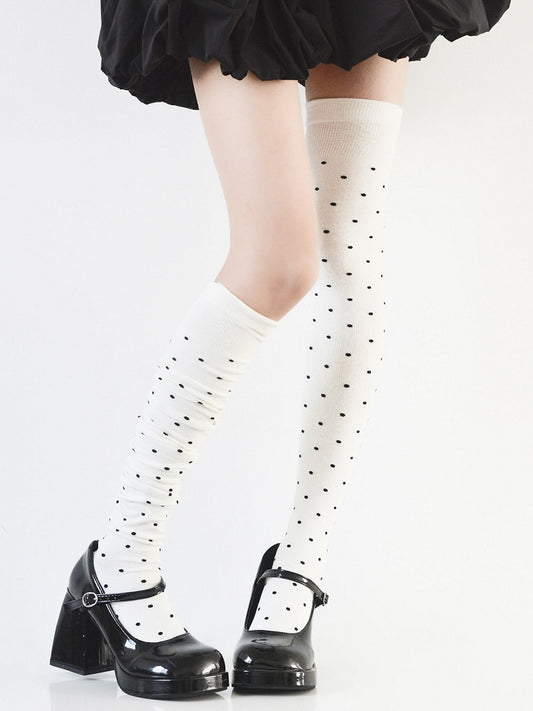 Retro Stockings Over knee Sliming Pattern Black/White/Gray Polka-dot