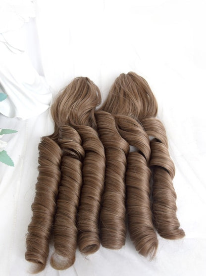 ダブルカーリーウィッグ ストレート ブラウン クロー+ローマン 25cm 45cm クリップ付き フルポニーテール 前髪 ショート