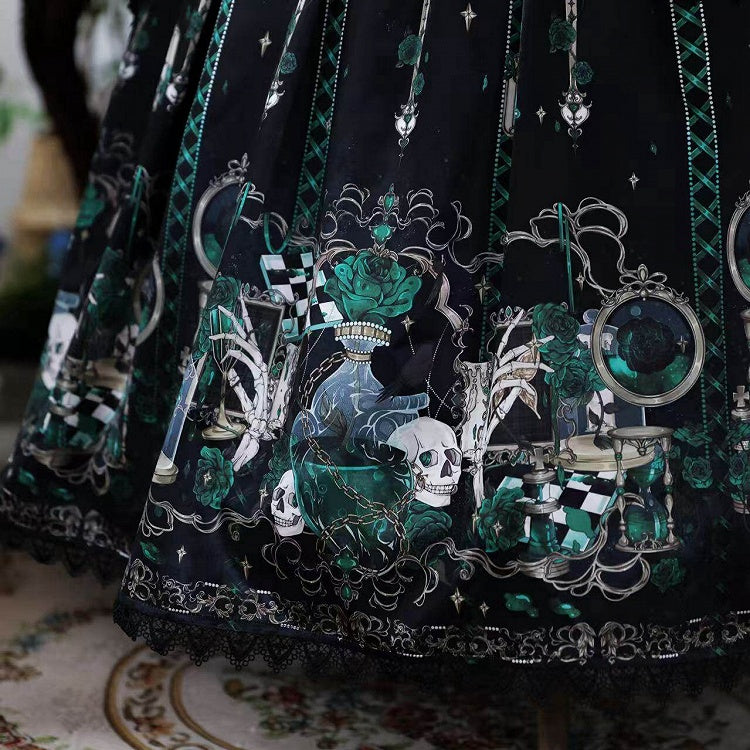 Green Rosette and Skull Print Gothic Lolita Corset Under Bust JSK Dress - Sweetheart Love Song