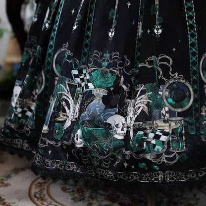 Green Rosette and Skull Print Gothic Lolita Corset Under Bust JSK Dress - Sweetheart Love Song