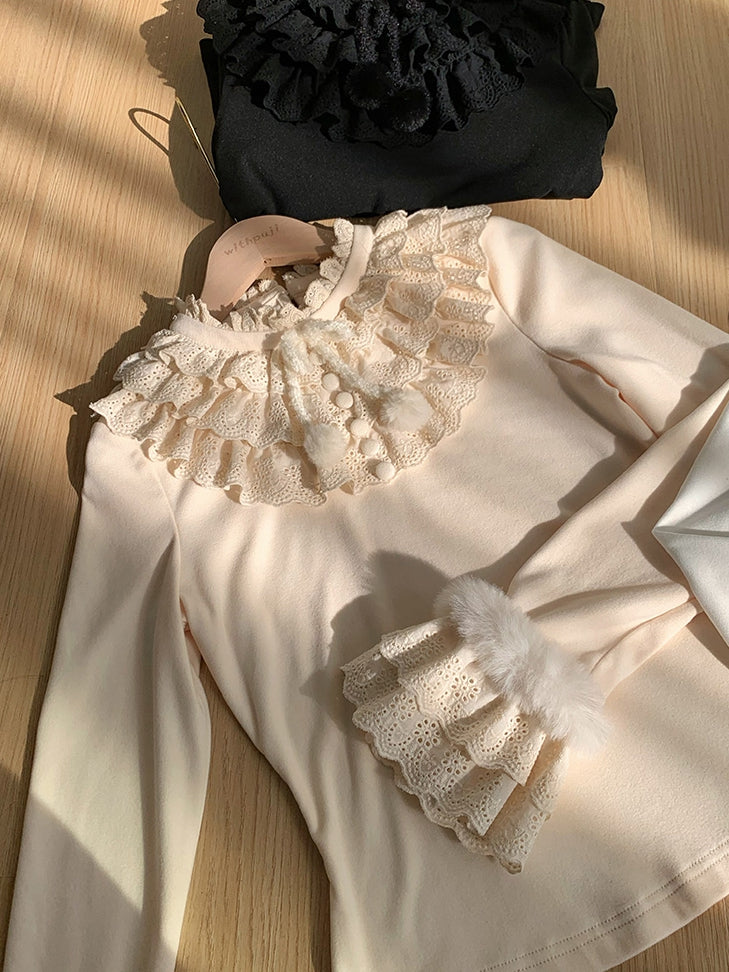 and Ruffles with for Autumn/Winter Top Layered Warm Lolita Fur-Accent Beige Soft