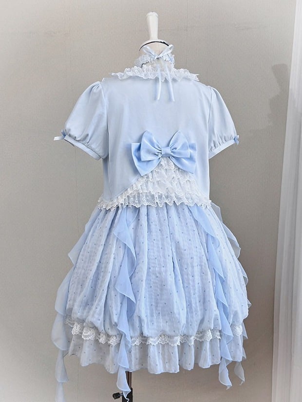 Blue Bow Cardigan with Lace Trim - Tan Tuan