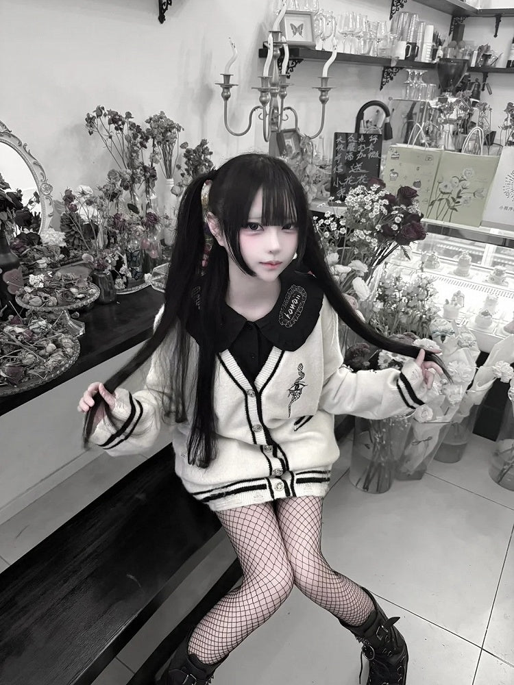 mit Augen- und Schlangenstickerei Distressed Holes Strickjacke Weiß