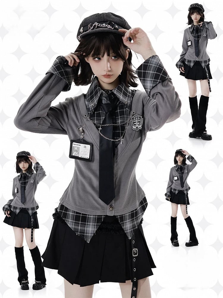Academic Edgy Shirt Vibes Plaid Two-Piece Effortless Faux Gray –