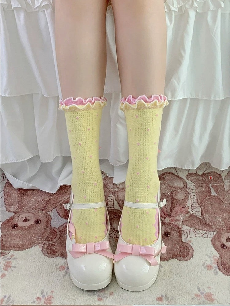 Polka Dot Heart Ankle Socks with Ruffle Lace Trim, 8 Colors - ROJI ROJI