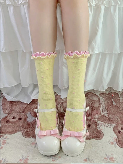 Polka Dot Heart Ankle Socks with Ruffle Lace Trim, 8 Colors - ROJI ROJI