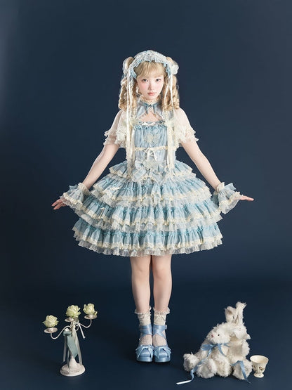 Spitze mit Lolita-Details, Stickerei und gestuftem Goldfischkleid, süße Rüschen, Blau