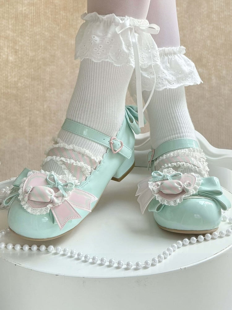 Green Leather Candy Clip PU Shoes Sweet Mint Low-heel Pink Heart with