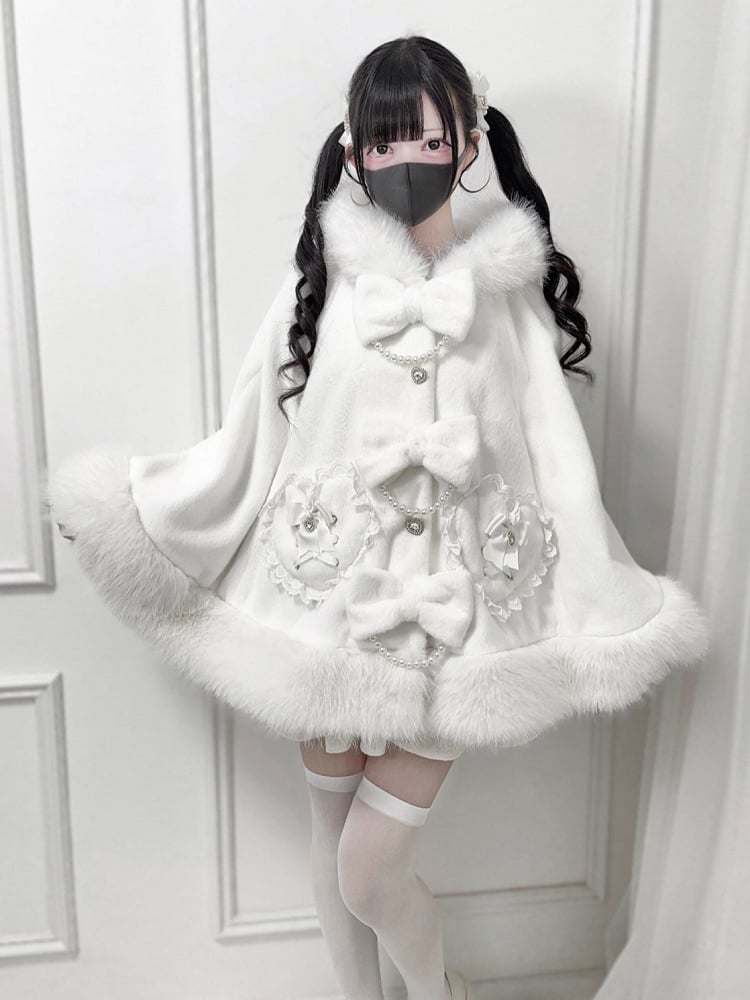 Hooded Bow with Decor Bead Kei White Cape Furry Chain Jirai