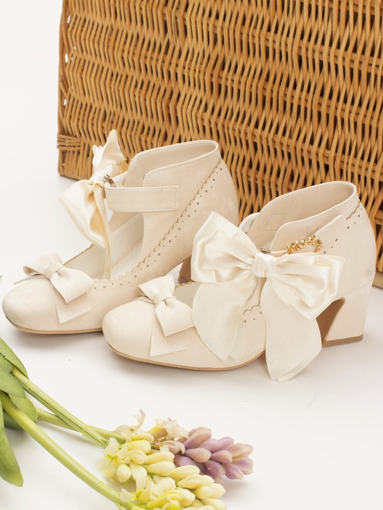 Embellishments Bow Shoes High Heel Delicate Block Classic Beige Lolita - Design