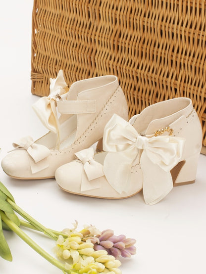 Embellishments Bow Shoes High Heel Delicate Block Classic Beige Lolita - Design